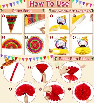 [ 7 Varieties ] 39 Pcs Cinco De Mayo Decorations, Fiesta Mexican Theme Party Supplies Paper Fans Pom Poms Banner Hanging Swirls Table Cover Honeycomb Table Centerpiece Taco Luau Decor - Image 5
