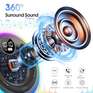 Ddidbi Bluetooth Speaker, HD Stereo Sound Shower Speaker, IPX7 Waterproof, Digital Display Portable with Suction Cup, LED Light, Small Wireless for Outdoor Party Beach Bathroom, Black - Image 2