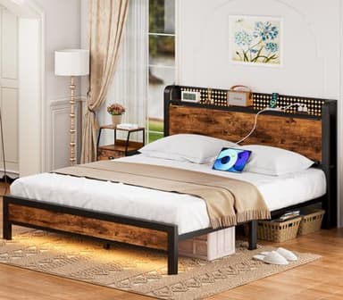 Furnulem Queen Bed Frame with Charging Station and LED Lights,Industrial Platform Beds Queen Size with Storage Headboard,USB Port,Rustic Wood and Strong Metal Support,No Box Spring Needed, Noise Free - Image 9