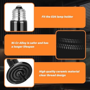 HealSmart Reptile Heat Lamp 75W 2-Pack Ceramic Heat Emitter, No Light Emitting Heat Bulbs for Amphibian Pet Brooder Coop Incubating Chicken, Lizard Bearded Dragon Turtle Snake Terrarium, Black - Image 4