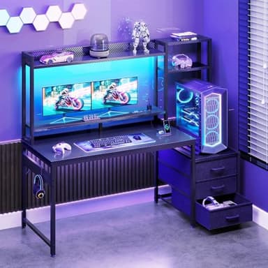 Casaottima 48 Inch Gaming Desk with Hutch & 3 Fabric Drawers, Computer Desk with USB Ports & LED Lights, Reversible Pc Gamer Table with Monitor Stand for Home Office, Carbon Fiber Black - Image 2