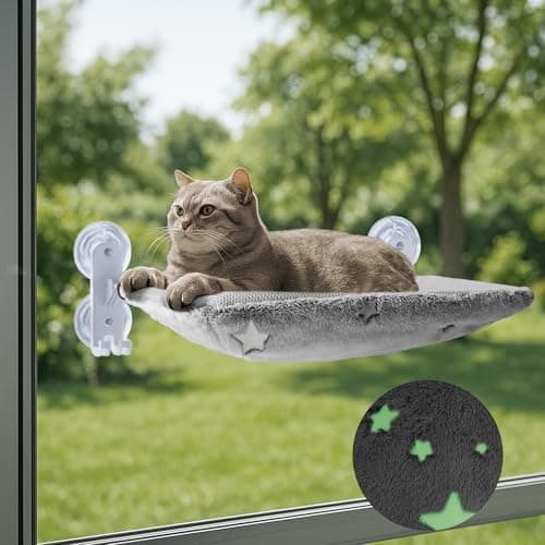 Cordless Cat Window Perch for Large Cats, Glow in The Dark Cat Window Hammock with Hook Design, Easy to Assemble, Foldable Window Seat for Cats Inside, Gray L - Image 1