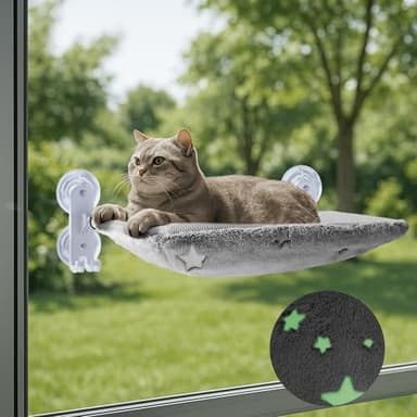 Cordless Cat Window Perch for Large Cats, Glow in The Dark Cat Window Hammock with Hook Design, Easy to Assemble, Foldable Window Seat for Cats Inside, Gray L - Image 1
