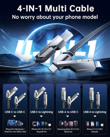 [Upgraded] 4-in-1 USB C Cable 60W 5FT Lightning Cable Fast Charging Flat Nylon Braided for iPhone iPad Charger Cord [480Mbps Data Sync] Multi Charge Wire Combo with Lightning/Type C/USB A Port - Image 2
