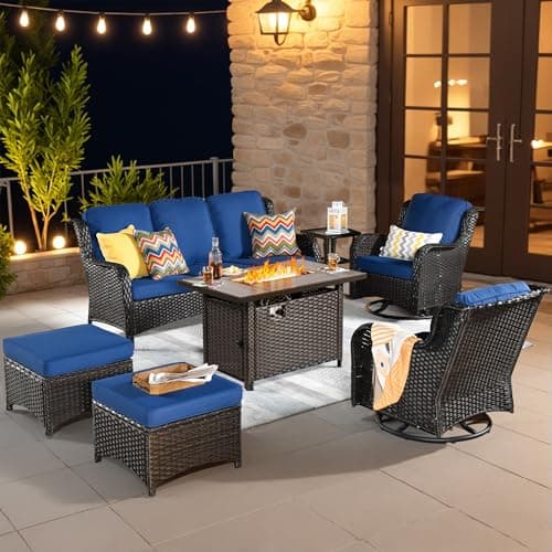 ovios 7-Pieces Patio Furniture Set with 42 Inch Fire Pit Table Swivel Chairs, Outdoor Wicker Sofa Couch Gliders Rocker, Modern High Back Conversation Set, Brown Rattan, Navy Blue - Image 1