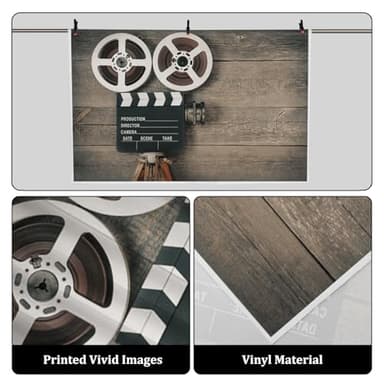 AOFOTO 8x6ft Old Movie Camera on Wood Board Background Vintage Film Motion Picture Photography Backdrop Video Reel Director Scene Retro Movie Night Theme Party Decor Banner Photo Studio Props Vinyl - Image 2