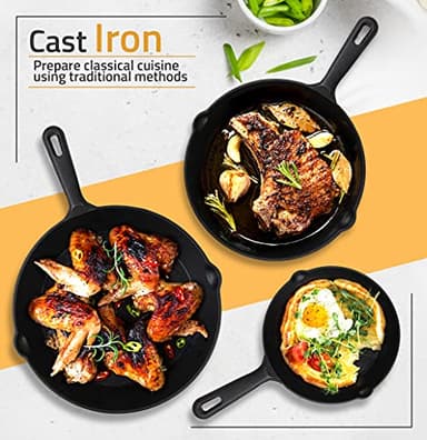 Utopia Kitchen Cast iron Skillets 3 Piece Set, Chefs Pan, Pre Seasoned Cast iron Skillets, 6, 8 & 10 Inches, Easy Use in the Oven, Stove, Grill, or Campfire, Black - Image 5