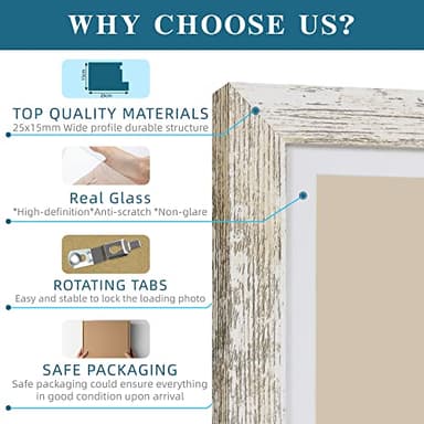 Hongkee 8x10 Picture Frame Set of 4, Made of Real Glass and Distressed White Wooden Frame, 8 by 10 Photo for Wall or Tabletop - Display Picture 5x7 with Mat or 8x10 Without Mat - Image 6