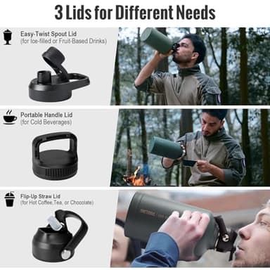 ONETIGRIS Tactical Half Gallon Water Bottle with Straw - 64 oz Vacuum Insulated Stainless Steel Water Jug, Leakproof Sport Bottle with 3 BPA Free Lids, Paracord Handle & MOLLE Water Pouch for Outdoor - Image 5