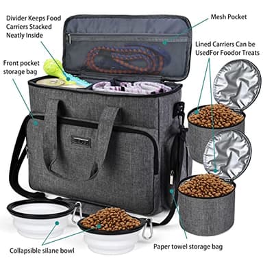BAGLHER Dog Travel Bag, Airline Approved Pet Tote Organizer with Multi-Function Pockets, 2 X Food Storage Containers and 2 X Collapsible Dog Bowls, Perfect Weekend Pet Travel Set for Dog, Cat Grey - Image 5