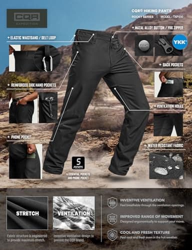CQR Men's Quick Dry Tactical Pants, Water Resistant Outdoor Pants, Lightweight Stretch Cargo Work Hiking Pants, Rocky Z Black, 36W x 34L - Image 7