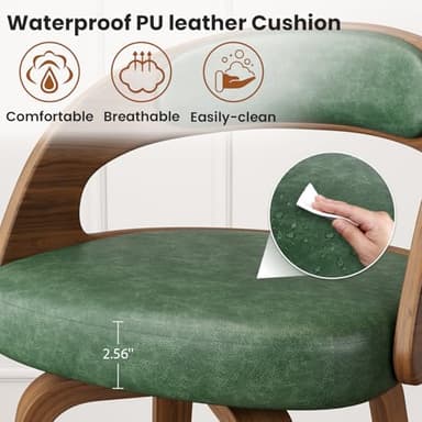 REONEY Swivel Bar Stools Set of 3, 26" Counter Height Bentwood Barstool, Mid-Century Modern PU Leather Upholstered Bar Chair with Back and Footrest, for Kitchen Island, Bar, Cafe, Dining Room, Green - Image 6