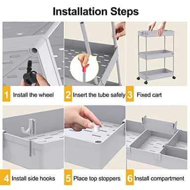 SPACELEAD 3 Tier Rolling Cart with Wheels, Storage Craft Art Trolley Organizer Serving, 3 Hanging Baskets Easy Assembly, for Office, Living Room, Kitchen, Gray - Image 4