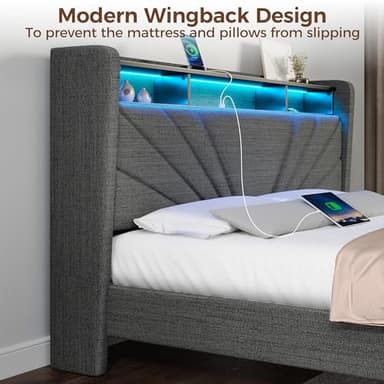 Rolanstar Full Size Bed Frame, Storage Headboard with Charging Station and LED Lights, Upholstered Bed with Heavy Duty Wood Slats, No Box Spring Needed, Noise Free, Easy Assembly, Dark Grey - Image 6