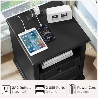 SAVOR LIFE Farmhouse Nightstand Set of 2 with Charging Station, Rustic Black Nightstand,2 Drawers End Table for Living Room,Bedside Table with Open Shelf for Bed Room,Black - Image 4