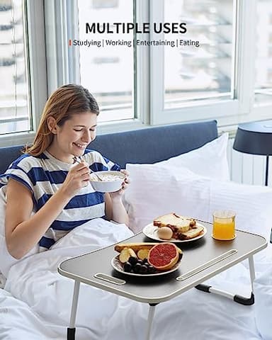 FISYOD Foldable Laptop Table, Portable Lap Desk Bed Table Tray, Laptop Stand with Cup Holder & Tablet Slot & Lifting Handle for Working Writing Drawing & Eating (Black) - Image 2