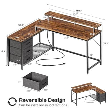 Huuger Reversible L Shaped Computer Desk with Drawers, Gaming Desk with LED Lights and Power Outlets, Office Desk with Storage, Monitor Stand, for Home & Office, Rustic Brown - Image 2