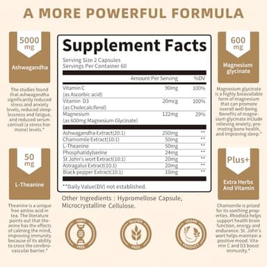 10-in-1 Cortisol Supplements with Magnesium, Ashwagandha, Chamomile, L-Theanine, Phosphatidylserine, St. John's Wort, Astragalus, Vitamin C & D3, for Women Men, 120 Vegan Capsules for 2 Month, Non-GMO - Image 2