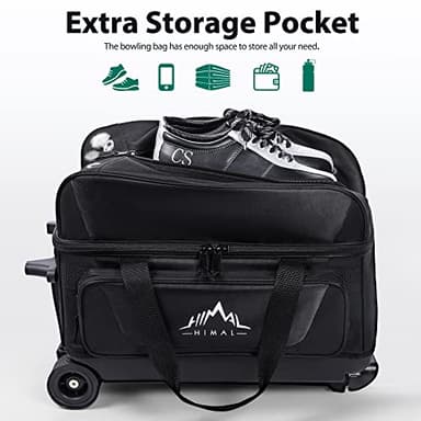 GoHimal Double Roller 2 Ball Bowling Bag with Separate Shoe Compartment for Bowling Shoes (Up To US Mens Size 15) and Oversized Accessory Pocket, Retractable Handle - Extends to 40" (Black) - Image 2