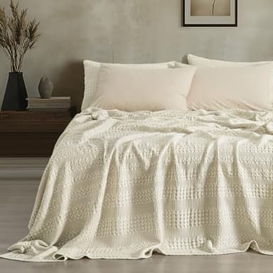 PHF Stone-Washed Cooling Waffle Twin Size Blanket - Lightweight Breathable Summer Blanket, 60% Rayon from Bamboo & 40% Cotton, Luxuriously Soft for Bed & Couch, 66"x90", Almond Milk - Image 4