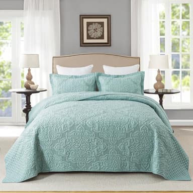 Travan 3-Piece Queen Quilt Set Quilted Bedspread Oversized Microfiber Lightweight Bedspread Coverlet Set with Shams Bedding Set for All Season, Blue, Queen Size - Image 1