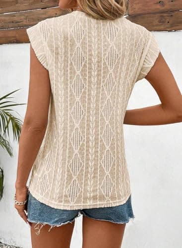 SHEWIN Spring Tops for Women Fashion Crewneck Short Sleeve Shirts Lightweight Comfy Soft Crochet Tops for Women Apricot Medium - Image 4