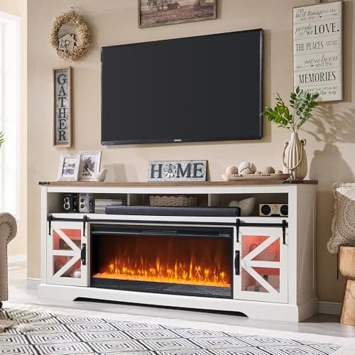 OKD Fireplace TV Stand for 85" TV, 33" Tall Highboy Farmhouse Entertainment Center w/ 42'' Electric Fireplace & LED Light, Rustic Media Console w/Sliding Barn Door for Living Room, Antique White - Image 1