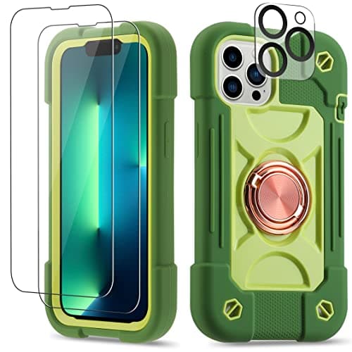 Cookiver for iPhone 13 Pro Max Case 6.7 Inch with Ring Stand, with 2 Pack Glass Screen Protector + 1 Pack Camera Lens Protector,Heavy-Duty Shockproof Cover for iPhone 13 Pro Max (Avocado) - Image 1
