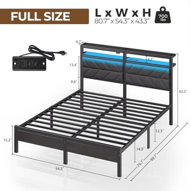 Seventable Bed Frame Full Size with Charging Station, LED Bed with Upholstered Storage Headboard, Metal Platform Bed with Under Bed Storage, No Box Spring Needed, Noise Free, Easy Assembly, Grey - Image 2