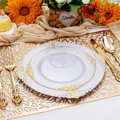 Joyido 300Pieces Gold Plastic Silverware - Heavy Duty Gold Disposable Utensils - Vintage Plastic Cutlery Set Includes 100 Forks, 100 Spoons, 100 Knives for Dinner Parties Weddings - Image 6