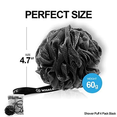 Shower Puff 4 Pack Black Bath Sponge Shower Loofahs Pouf Ball Nature Bamboo Charcoal Mesh Bulk Puffs Large, Shower Essential Skin Care by WhaleLife - Image 7