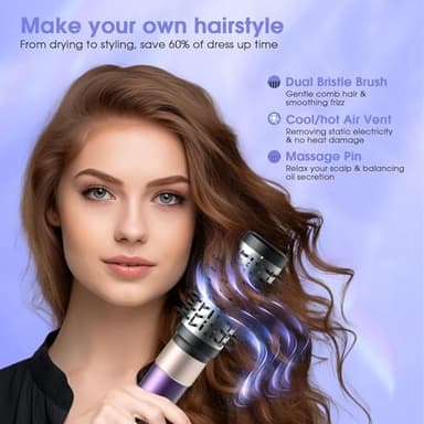 Vincofy 7-in-1 Hair Dryer Brush and Hair Styler Set – Fast Drying, Curling, Straightening & Volumizing – Hot Air Styling Tool with No Heat Damage – for All Hair Types – Lavender - Image 5