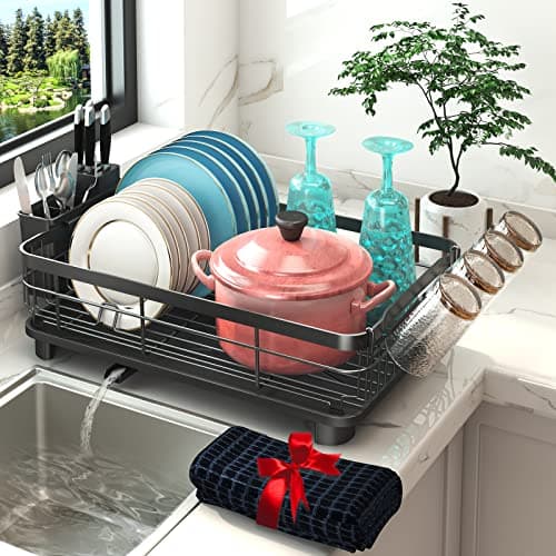 Godboat Dish Drying Rack, Dish Rack with Auto-Drain & Mat, Dish Drainers for Kitchen Counter, Glass Organizer for 4 Cups, 3 Slots Utensil Holder,Gifts for Women Mothers Day, Kitchen Gadgets & Decor - Image 1