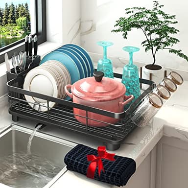 Godboat Dish Drying Rack, Dish Rack with Auto-Drain & Mat, Dish Drainers for Kitchen Counter, Glass Organizer for 4 Cups, 3 Slots Utensil Holder,Gifts for Women Mothers Day, Kitchen Gadgets & Decor - Image 1