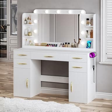 ALEXNUTRE Makeup Vanity Desk with Lights, 45.5" Large Vanity with Mirror and Lights in 3 Models, Vanity with Power Outlet, Vanity Desk with 5 Drawers, 2 Cabinets, Shelves for Bedroom, White - Image 7