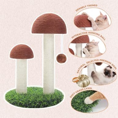 PETEPELA Cat Scratching Post, Mushroom Tall Cat Scratcher Featuring with Natural Sisal Scratching Poles and Interactive Toy Ball for Kittens and Small Cats (Brown) - Image 3