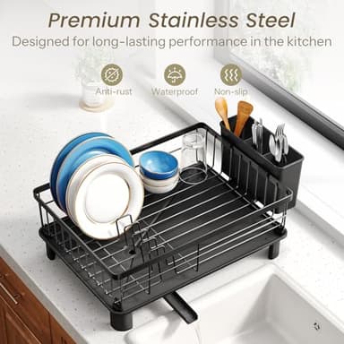 Dish Drying Rack - Small Dish Rack for Kitchen Counter, Stainless Steel Dish Drainer with Utensil Holder and Drainboard (Black) - Image 5