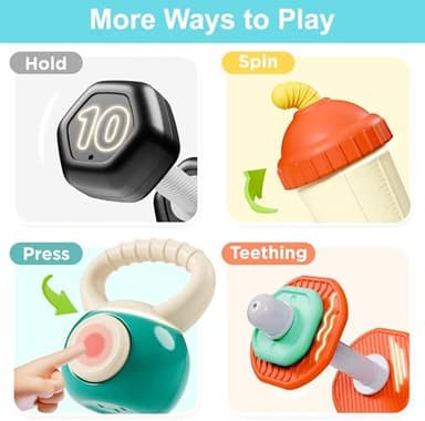 iPlay, iLearn Baby First Gym Rattle Set, Infant Dumbbell Weights Teething Rattles 3-6-12 Month, Newborn Workout Sensory Stroller Toy, Babies Birthday Shower Gift 5 7 8 9 10 Month Toddler Boy Girl-4PCS - Image 5