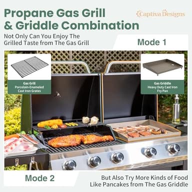 Captiva Designs Propane Gas Griddle Grill Combo with Porcelain-Enameled Cast Iron Grate & Cast Iron Pan, Dual BBQ Grill With Flat Top Griddle for Outdoor Kitchen & Backyard Barbecue,696 SQIN Cook Area - Image 3