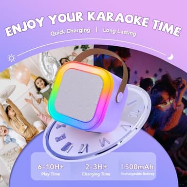【2025 Newest】 Mini Karaoke Machine for Kids Girls & Boys - Portable Bluetooth Speaker with 2 Wireless Microphones - Kids Birthday Gifts for Ages 4-10 - Kids' Instrument Accessories - Purple - Image 7