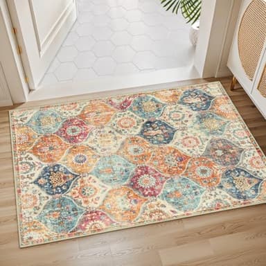 Lahome Moroccan Trellis Washable Rug, 2x3 Kitchen Rugs for Entryway Bathroom, Non-Slip Indoor Door Mat Ultra-Thin, Small Oriental Throw Carpet for Bedroom Entry, Cream/Multi - Image 5