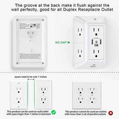 POWRUI Multi Plug 6 Outlet Surge Protector Extender with 3 USB Ports (1 USB C) and Night Light, 3-Sided Power Strip with Adapter Spaced Outlets, ETL Listed, White - Image 3
