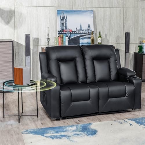COMHOMA Living Room Furniture Set,Bonded Leather Loveseat Sofa with Cup Holder Recliner Chair,Black - Image 1