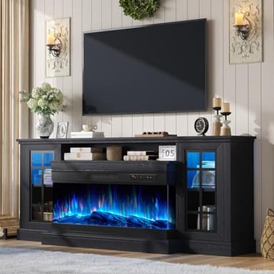 AMERLIFE 75in 3-Sided Glass Fireplace TV Stand with LED Lights for TVs up to 85", Rustic Fireplace Media Entertainment Center Console Cabinet Table with Glass Door Closed Storage, Black - Image 9
