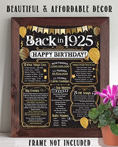 100th Birthday Party Decorations for 100th Birthday (One-hundred) - Remembering The Year 1925 Poster - Gifts for Men and Women Turning 100 - Back In 1925 Birthday Card Decorations 11x14 Unframed Print - Image 3