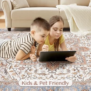 Tortania Area Rug Living Room Rugs - 9x12 Washable Boho Rug Vintage Oriental Distressed Farmhouse Large Thin Indoor Carpet for Living Room Bedroom Under Dining Table Home Office - Azure Orange - Image 6