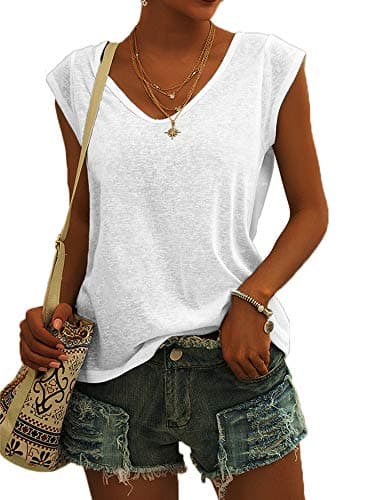 Langwyqu Womens Cap Sleeve Blouses T-Shirt Casual Loose Fit Basic Shirts Tank Tops White - Image 1