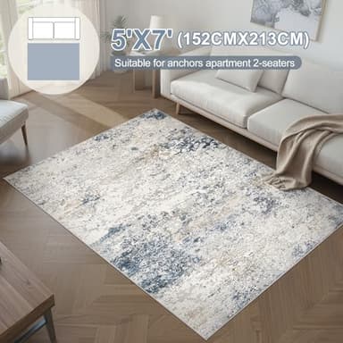 Area Rug Living Room Rugs - 5x7 Abstract Large Soft Indoor Washable Rug Neutral Modern Low Pile Carpet for Bedroom Dining Room Farmhouse Home Office - Beige Blue - Image 2