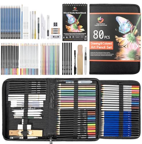H & B 80-Pack Colored Sketching Art Pencil Set with 3-Color Sketchbook and Coloring Book - Includes Graphite, Watercolor, Metallic, and Oil-Based Colored Pencils - Image 1