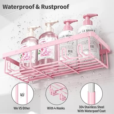 Liuoud 5 Pack Shower Caddy Organizer Rack Shelf for Inside Shower, Adhesive Bathroom Wall Storage Basket Rustproof Stainless Steel Shampoo Holder, Girly Bathroom Accessory Decor Set, Pink - Image 4